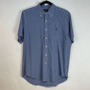 RALPH LAUREN Shirt Men's Large Blue White Plaid Short Sleeve Button Down Collar